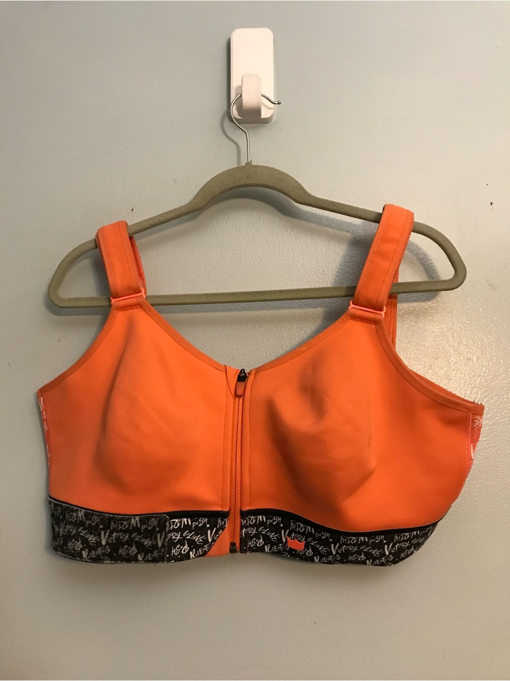 SHEFIT Women's Orange Front Zip Sports Bra Size 4 Black Script Underband
